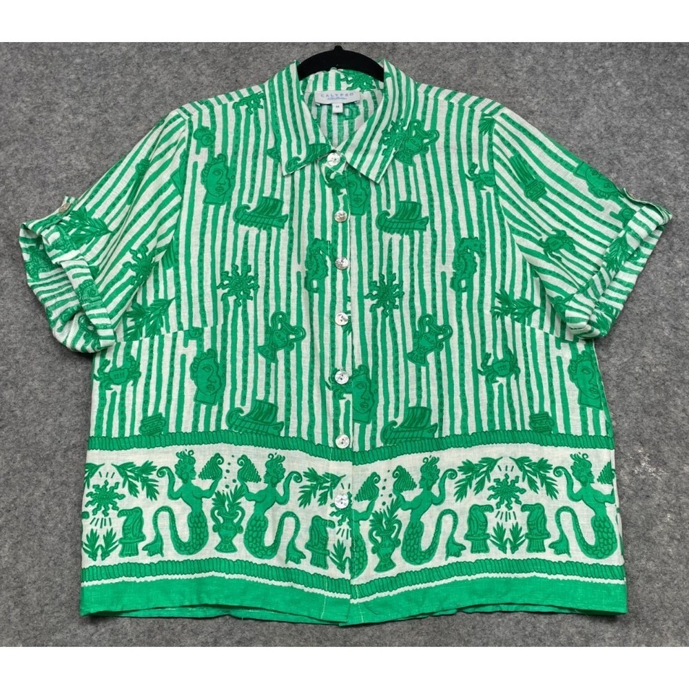 Calypso St Barth Linen Greek Top Green White Medium